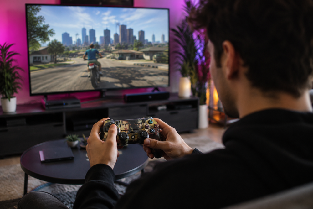 گیمر در حال استفاده از دسته بازی سونی مدل SONY DUALSHOCK PS4 طرح GTA V در محیط گیمینگ خانگی